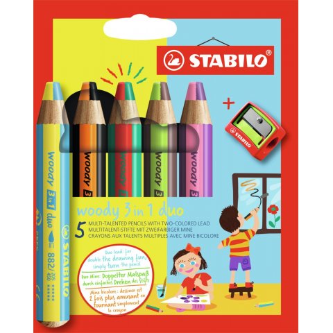 Stabilo woody 3 in 1 duo, set 5 pens with two-tone lead, various colors