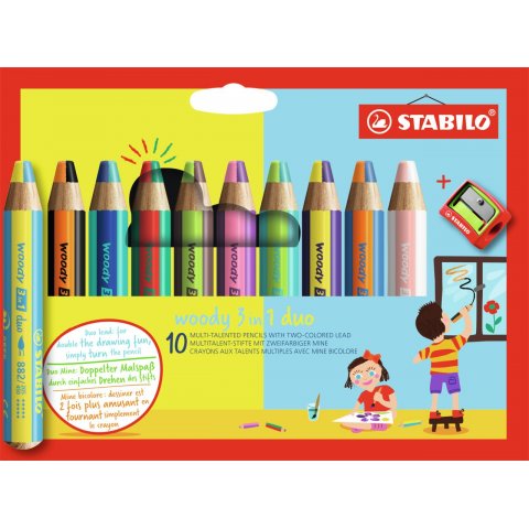 Stabilo woody 3 in 1 duo, set 10 pens with two-tone lead, various colors
