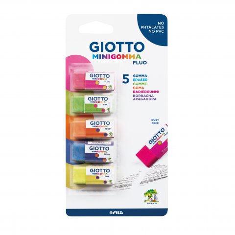 Giotto Mini Gomma, Set 5 gomme da cancellare, 38 x 10 x 15 mm, neon