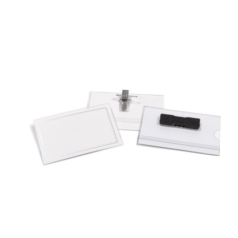 Blank name tag, plastic, transparent 98 x 58 mm, pin/clip, 5 pieces