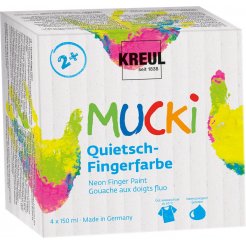Set di colori a dita, Mucki Set di 4 vasetti da 150 ml, giallo/rosa/blu/verde neon
