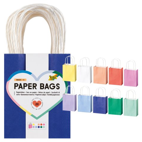 Folia Papiertüten mit gedrehtem Papiertragegriff S: 150 x 120 x 55 mm, 10 St., farbig sort., basic