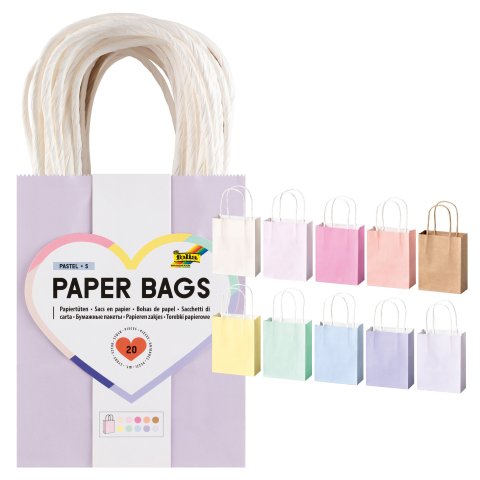 Folia Paper Bags With Twisted Paper Handle S: 150 x 120 x 55 mm, 10 pcs, assorted colors, pastel