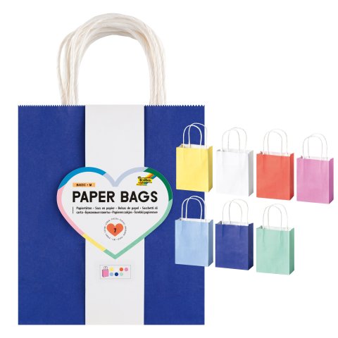 Bolsas de papel folia con asa de papel retorcido M: 210 x 180 x 80 mm, 7 piezas, colores surtidos, básico