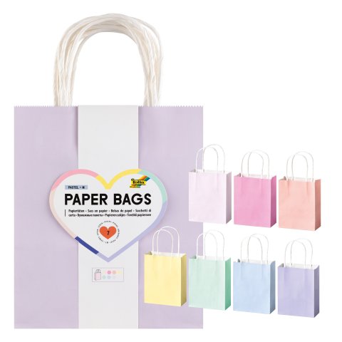 Folia Paper Bags With Twisted Paper Handle M: 210 x 180 x 80 mm, 7 pieces, assorted colors, pastel