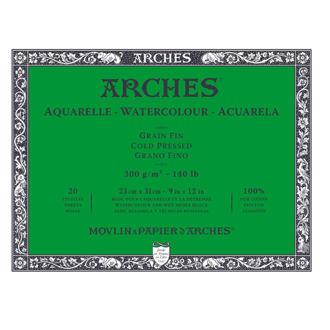 Arches Aquarellblock fein naturweiß, 100 % CO 300 g/m², 230 x 310 mm, 20 Blatt, viers. verleimt