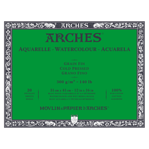 Arches Aquarellblock fein naturweiß, 100 % CO 300 g/m², 310 x 410 mm, 20 Blatt, viers. verleimt