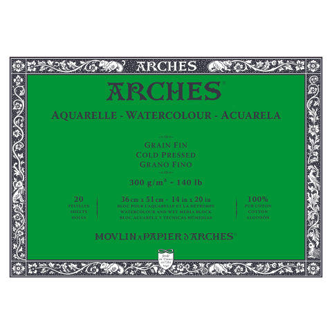 Arches Aquarellblock fein naturweiß, 100 % CO 300 g/m², 360 x 510 mm, 20 Blatt, viers. verleimt