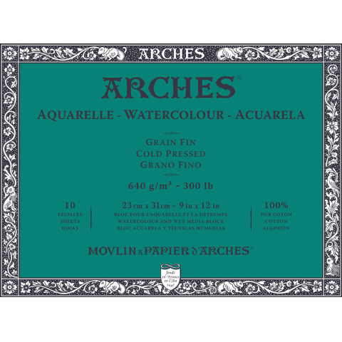 Arches Aquarellblock fein naturweiß, 100 % CO 640 g/m², 230 x 310 mm, 10 Blatt, viers. verleimt