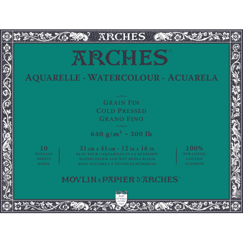 Arches watercolor block fine natural white, 100 % CO 640 g/m², 310 x 410 mm, 10 sheets, quad. glued
