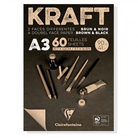 Bloque de caracteres Kraft marrón/negro, 90 g/m² 420 x 297 mm, DIN A3, 60 hojas, encolado de cabeza
