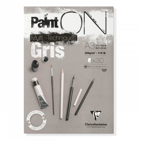 Clairefontaine Paint'ON Gris Mixed Media pad 250 g/m², 297 x 420, DIN A3, grey, rough, 30 sheet