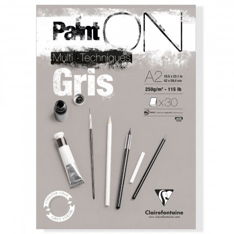 Clairefontaine Paint'ON Gris Mixed Media pad 250 g/m², 420 x 594, DIN A2, grey, rough, 30 sheet