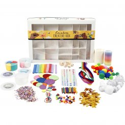 Caja creativa con varios materiales de artesanía incl. plastilina, cuentas, papel, alambre, accesorios, colorido