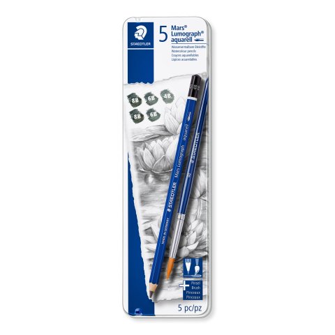 Staedtler Bleistift Mars Lumograph aquarell, Set 6 Stifte, 8B, 8B, 6B, 6B, 4B + 1 Rundpinsel #8