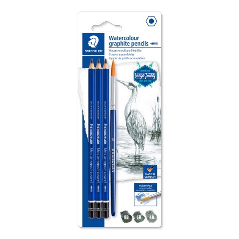 Staedtler Mars Lumograph watercolor pencil, set 3 pencils, 4B, 6B, 8B + 1 round brush #8