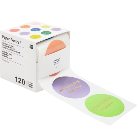 Stickerpackung, Rolle Ø 50 mm, 120 Stück, Kreise, Happy Birthday