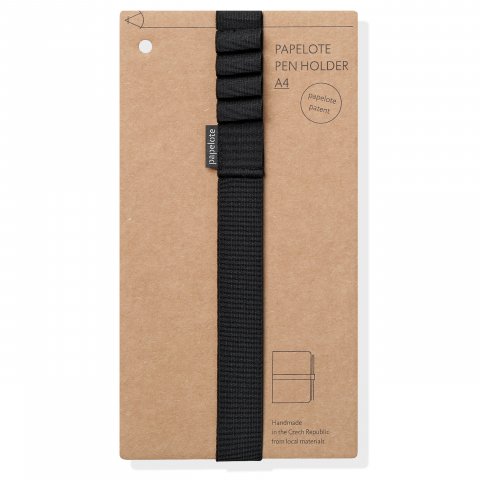 Nastro di chiusura elastico in cartapelote per notebook con 5 passanti per penna, su carta, nero, DIN A4