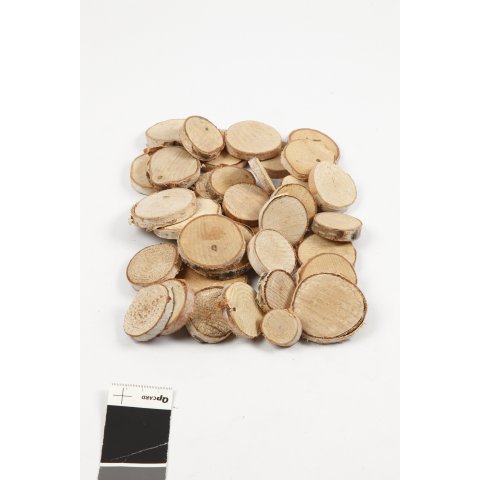 Discos de madera con corteza aprox. 2,5 x 4,5 cm, s=7 mm, diferentes formas, aprox. 160 piezas