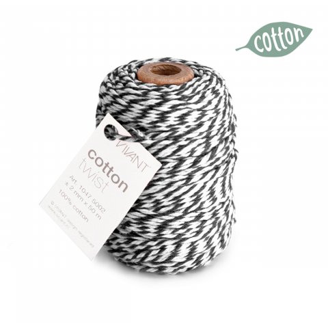 Cordón de algodón Twist Cotton, bicolor ø aprox. 2 mm, l = 50 m, negro/blanco