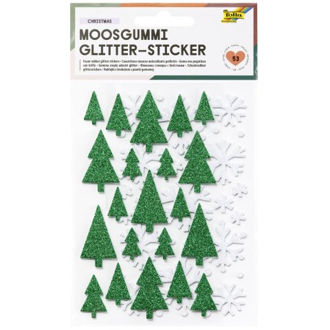 Pegatinas de gomaespuma con purpurina 53 piezas, árboles/copos de nieve, verde/blanco