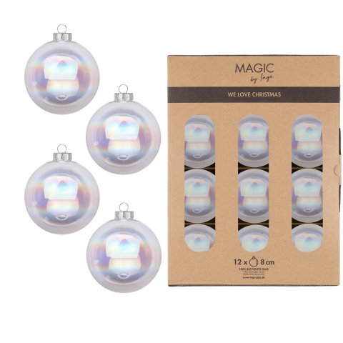 Kugelset, 100 % recyceltes Echtglas 12 Stück, ø 8 cm, irisierend weiß