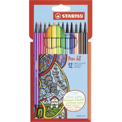 Stabilo 68 pen set 12 pens in cardboard case, assorted colors
