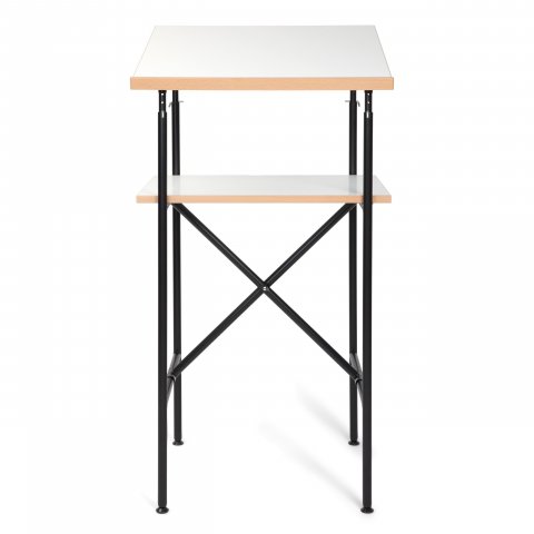 Standing desk E2 black frame, white tops, beech lipping