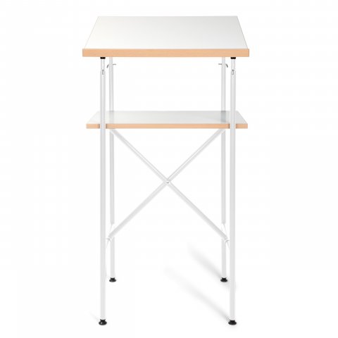 Standing desk E2 white frame, white tops, beech lipping