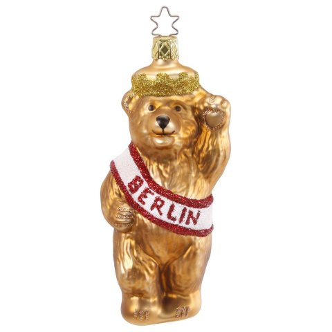 Real glass tree decoration, mouth-blown Berlin bear, hanging figure, h = 13 cm, gold/red/white