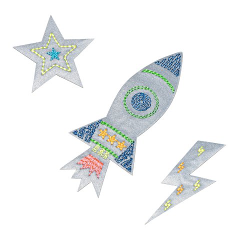Fabric decorative stickers for gluing, reflective 100% polyester, rocket + star + lightning bolt