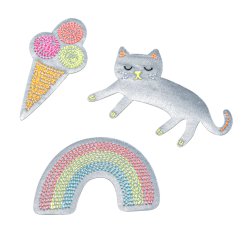 Adhesivos decorativos de tela para pegar, reflectantes 100 % poliéster, arco iris + gato + helado