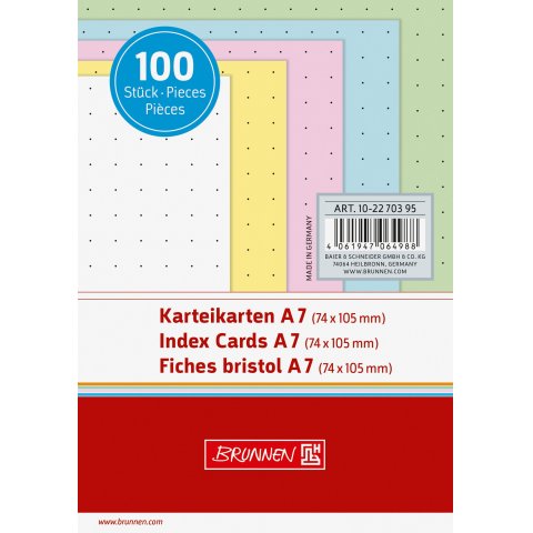 Brunnen index cards, dotted DIN A7, 100 pieces, white, yellow, red, blue, green