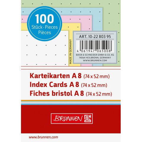 Brunnen index cards, dotted DIN A8, 100 pieces, white, yellow, red, blue, green
