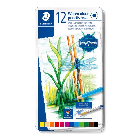 Staedtler Aquarellfarbstift Design Journey, Set 12 Stifte im Metalletui, farbig sortiert