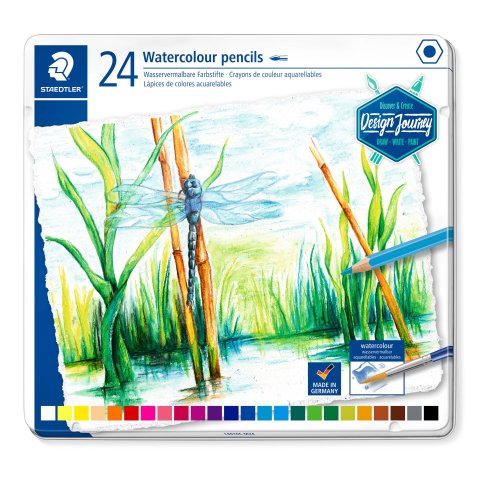 Staedtler Aquarellfarbstift Design Journey, Set 24 Stifte im Metalletui, farbig sortiert