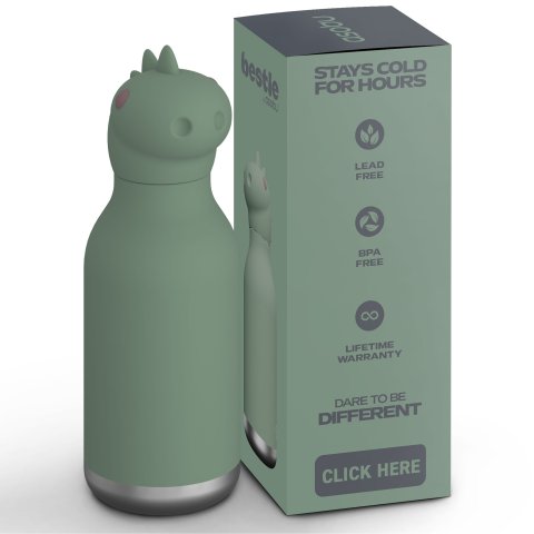 Asobu Trinkflasche isoliert Bestie 460 ml, BPA-frei, inkl. Trinkhalm, dinosaur
