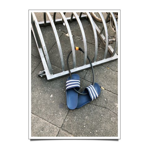 Notes of Berlin postcard DIN A6, bathing slippers on bicycle stand