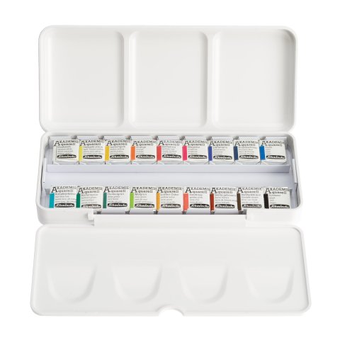 Schmincke Aquarellfarbe Akademie, Set 18 x 1/2 Näpfe,Pinselband,Kunststoffkasten (75791)
