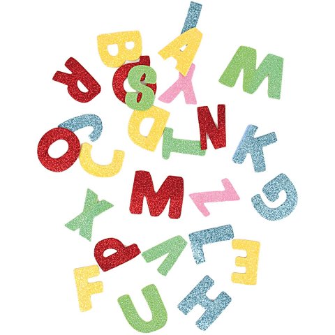 lettere in gommapiuma autoadesive, colorato A-Z, h = 21 mm, con glitter