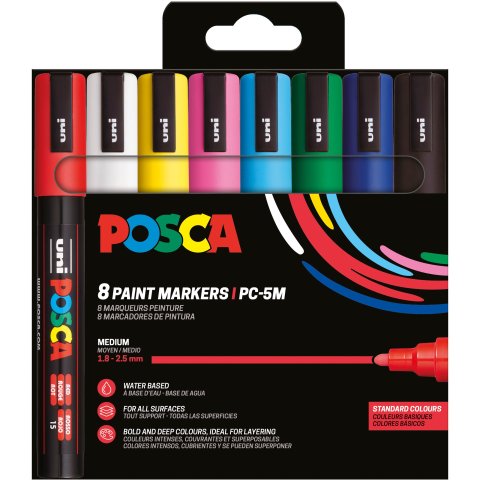 Uni Posca Marker PC-5M, Set Rundspitze 1,8 mm - 2,5 mm, 8 Stifte, Grundfarben