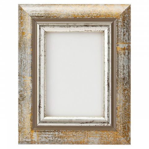 Mini marco, alternando tiras de oro y plata 5 x 7 cm, con cristal blanco y pared trasera