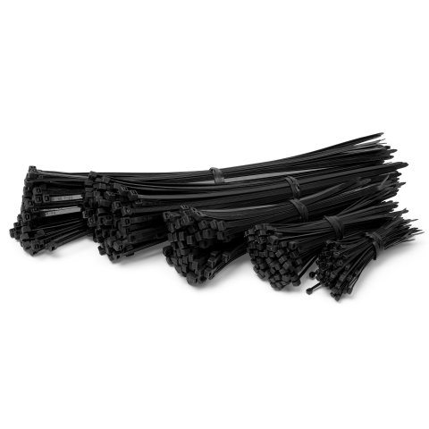 Juego de bridas para cables l= 100, 150, 200, 300, 370 mm por 100 piezas, negro