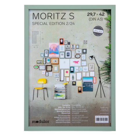 Moritz S edición especial 2/24 montura de madera con clip 29,7 x 42 cm, DIN A3, verde azulado (RAL 150 70 10)