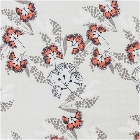 Jardin Japonais cotton print fabric, 100 g/m142 w = ca. 1,4 m, muslin, flowers on grey