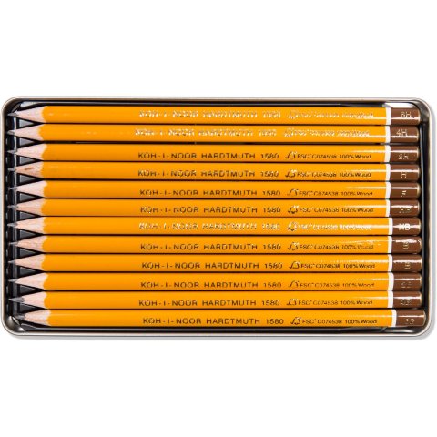 Koh-i-Noor Hardtmuth 1580 graphite pencil set 1582, 12 pen in metal case 6B-6H
