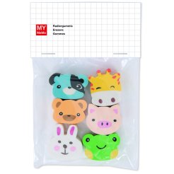 Motif erasers, animal faces,  set of 6