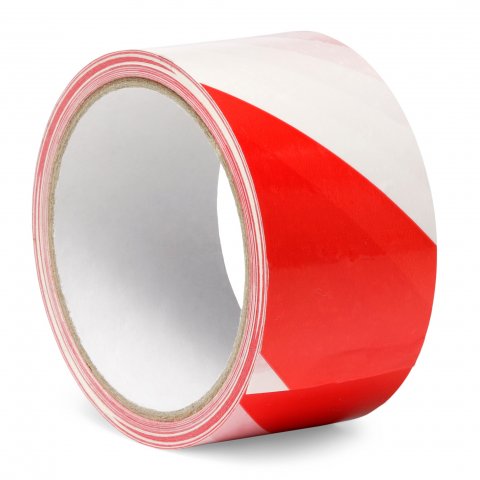 Cinta de aviso de la cinta de embalaje, autoadhesiva, PVC b = 50 mm, l = 33 m, rayado diagonalmente, rojo/blanco