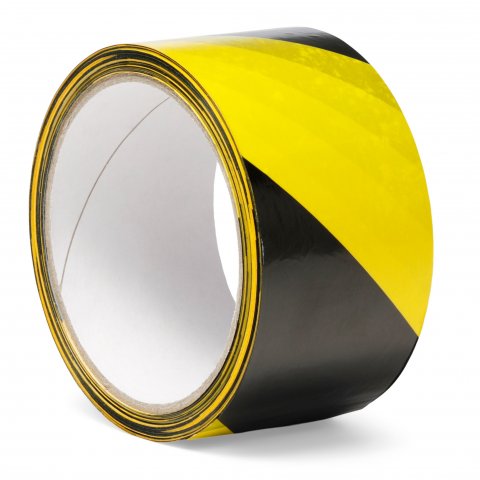 Cinta de aviso de la cinta de embalaje, autoadhesiva, PVC b = 50 mm, l = 33 m, rayado diagonalmente, negro/amarillo