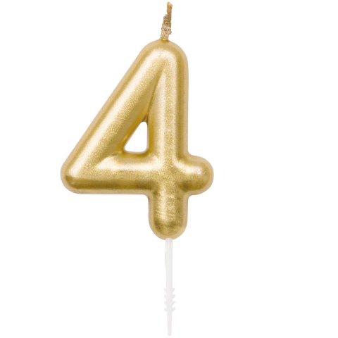Zahlenkerze 4, ca. 4 x 5,5 cm, mit Steckstab, gold